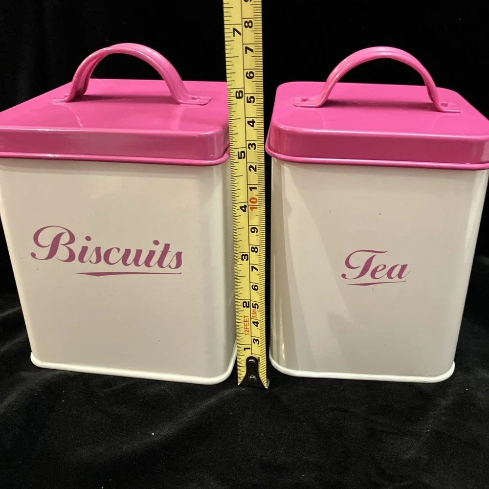 Retro Metal Square Biscuits & Tea Canister Set Off-White w/ Hot Pink Lids Dorm